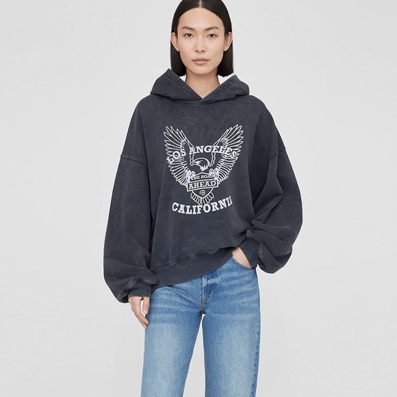 Anine Bing Tops - Anine Bing Alec Hoodie Womens Large L Washed Black White Eagle French Terry Crop